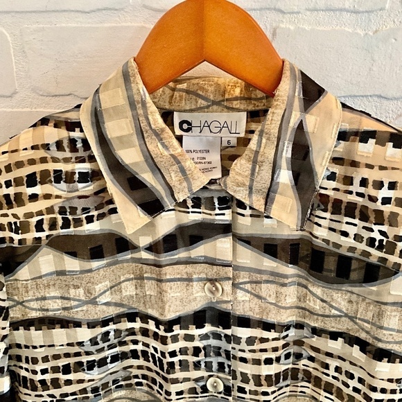 Vintage Women’s Button down sheer MCM Print Mobwife Cream Black Sz 6 - Picture 2 of 7